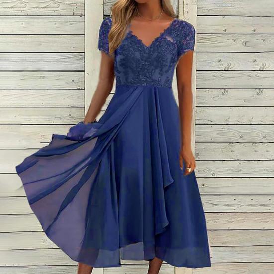Women's V-Neck Floral Lace Chiffon Dress Short Sleeve Bridesmaid Formal Long Dress Flowy A-line Prom Cocktail Party Dress