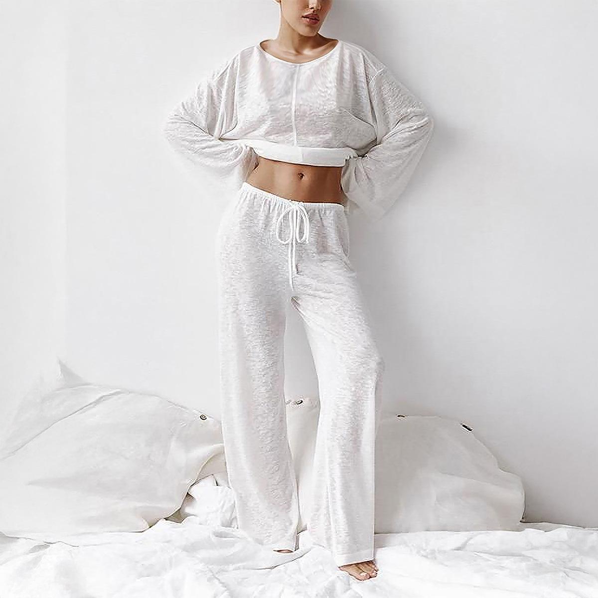 Women Solid Color Lightweight Breathable Knitted Casual Long Sleeve Two Piece Pants Set S
