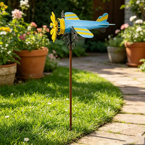 Avión de Hélice Molinillo de Viento Veleta de Metal Avión Vintage Escultura de Molino de Viento Cinético Decoración para Jardín Exterior Patio Césped