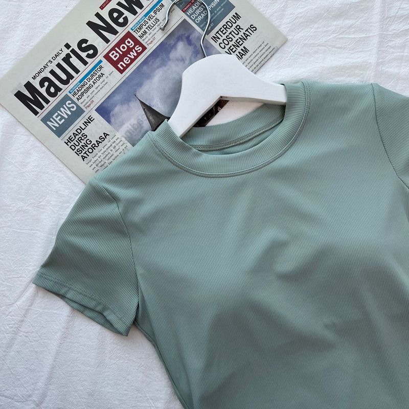 Lu Same Style with Chest Pad Tight Sexy Yoga Clothes Women's Soft Midriff Outfit Sports Tops Silm Fitness T-shirt Short Sleeve