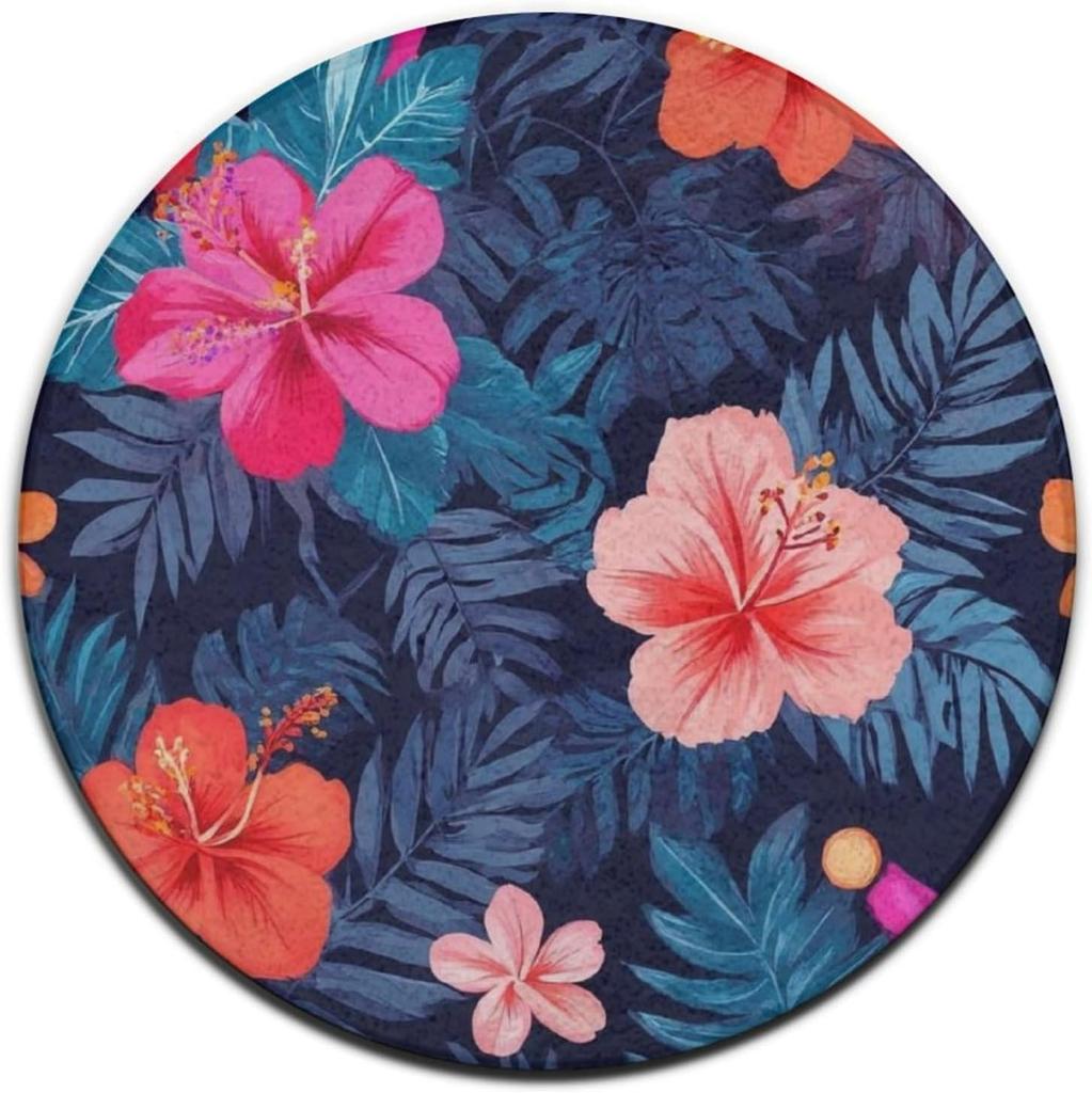 Bohemian Style Flower Round Rug Tropical Home Decor Non-Slip  Carpet Indoor Outdoor Decor Mat for Living Room Bedroom Kitchen