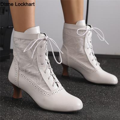 Fashion 2025 Women Victorian Pointed Toe Ankle Boots Leather Lace Hollow Out Punk Lace Up Strange Steampunk High Heel Shoes Size 34-46