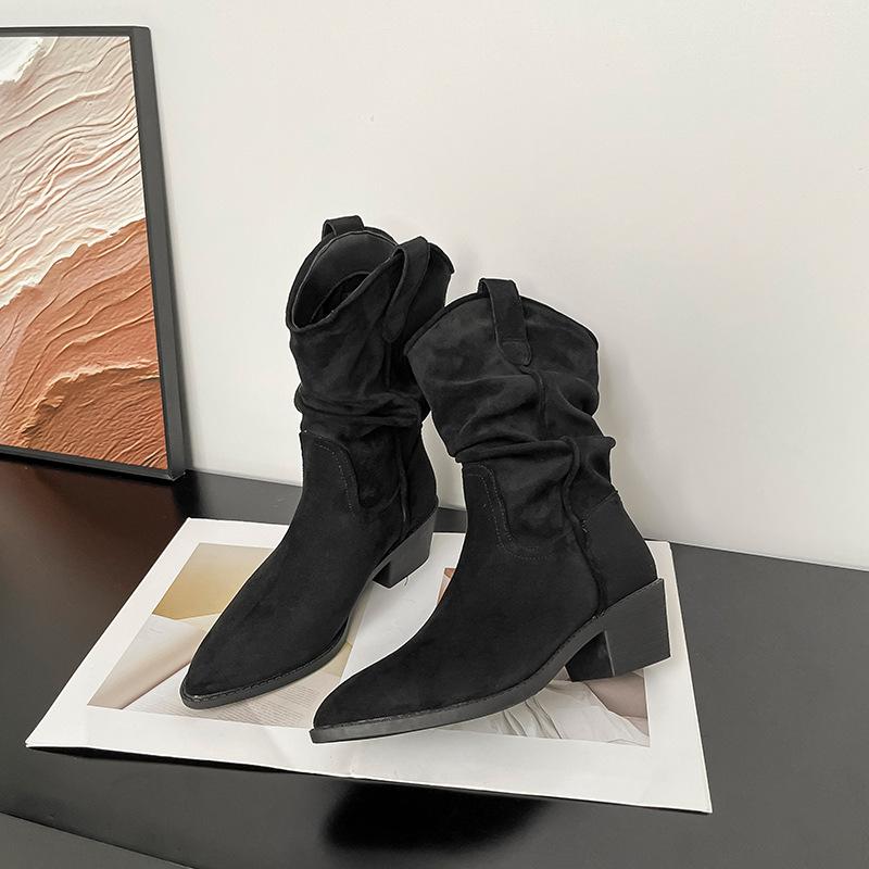 Zhao Ruth same 2025 autumn and winter pointed pile boots short boots high heel retro western knight boots V mouth medium boots