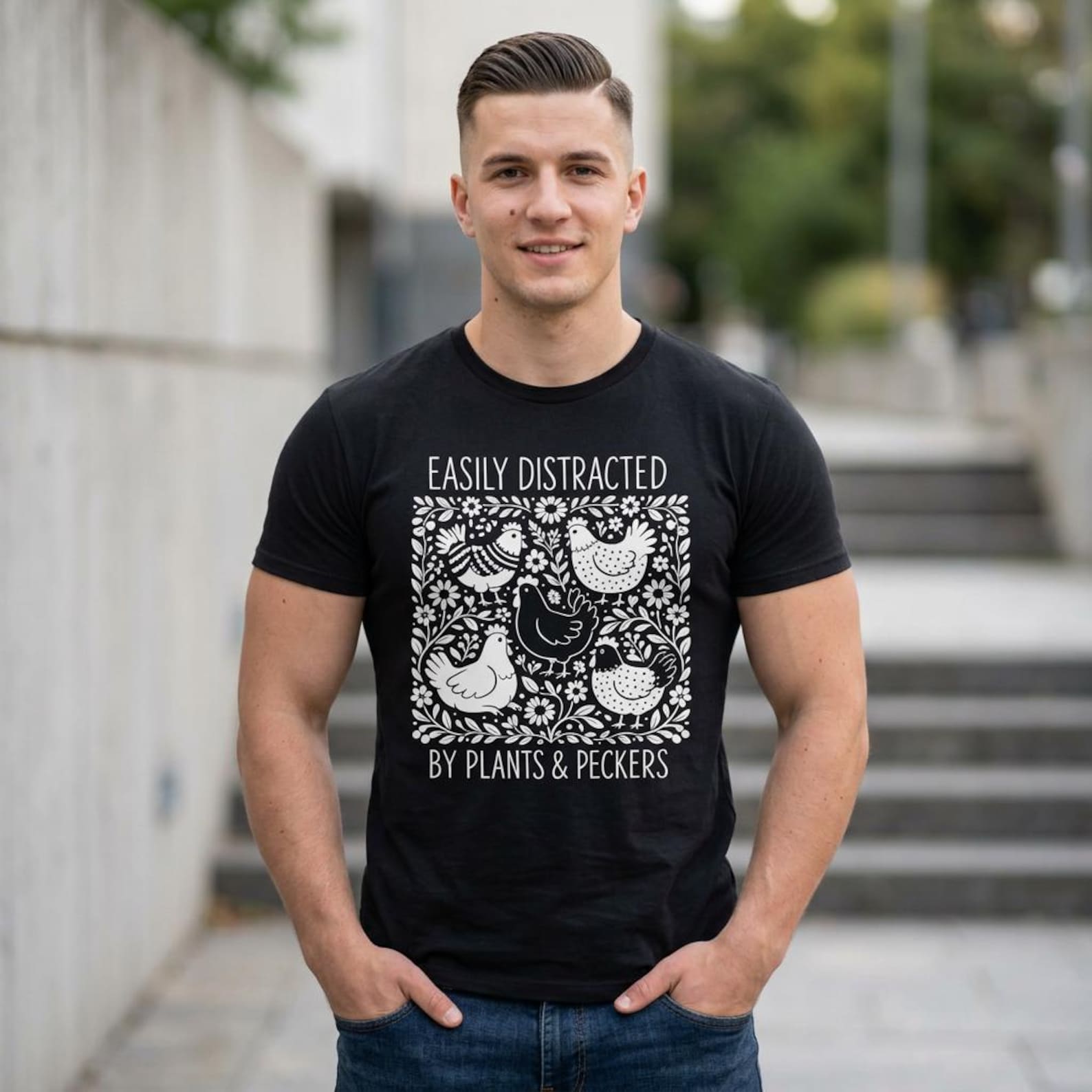 Easily Distracted By Plants & Peckers T-Shirt; Funny Chicken Farmer Tee; Gardener Humorous Novelty Top L
