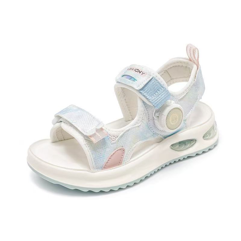 Girls Beach Shoes Open Toes Soft Sole Kids Casual Shoes Non-slip 2025 Summer New Children Sandals with Rotating Button Sweet