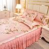 Pink Flowers Lace Bed Skirt Set Summer Ice Silk Smooth Comfortable Bedspread with Pillowcases Luxury Queen King Size Bedding Set