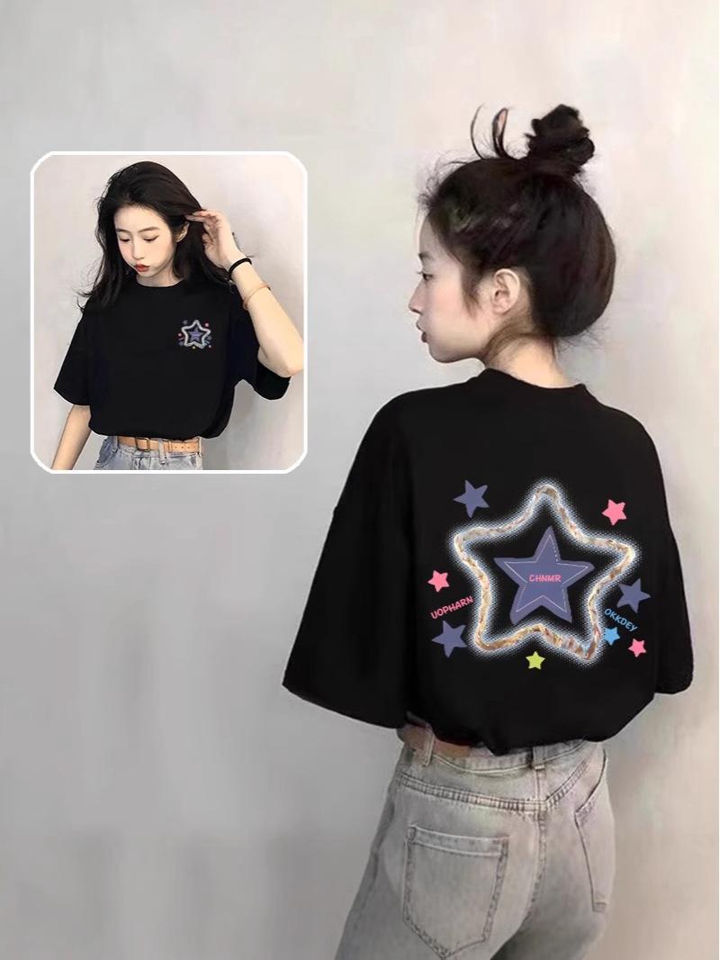 

Women s Plus Size Star Print Black Cotton T-Shirt, Short Sleeve, Korean Style, Loose Fit, 2025 Summer Collection M вино красного