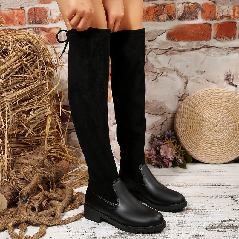 Plus Size Over The Knee Tall Boots Fall New Round Toe Paneled Suede Lace-Up Rear Soft Slip Boots