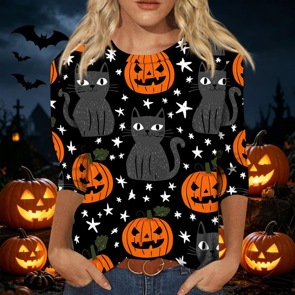 Women's Casual Halloween Print Pullover Top Lightweight Long Sleeve Round Neck Shirt for Fall Seasonal Wear