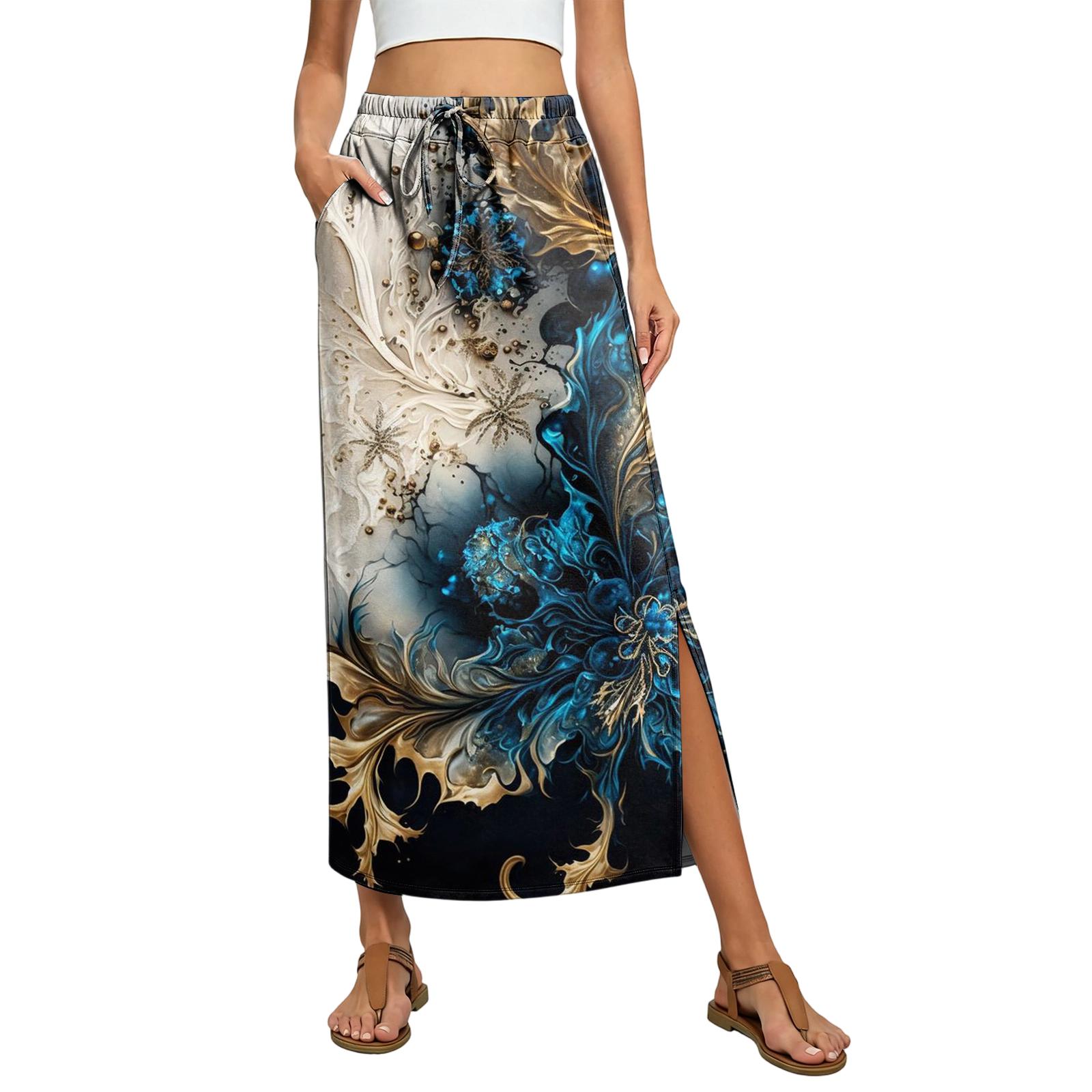 Ladies  floral elastic waist drawstring pocket skirt L