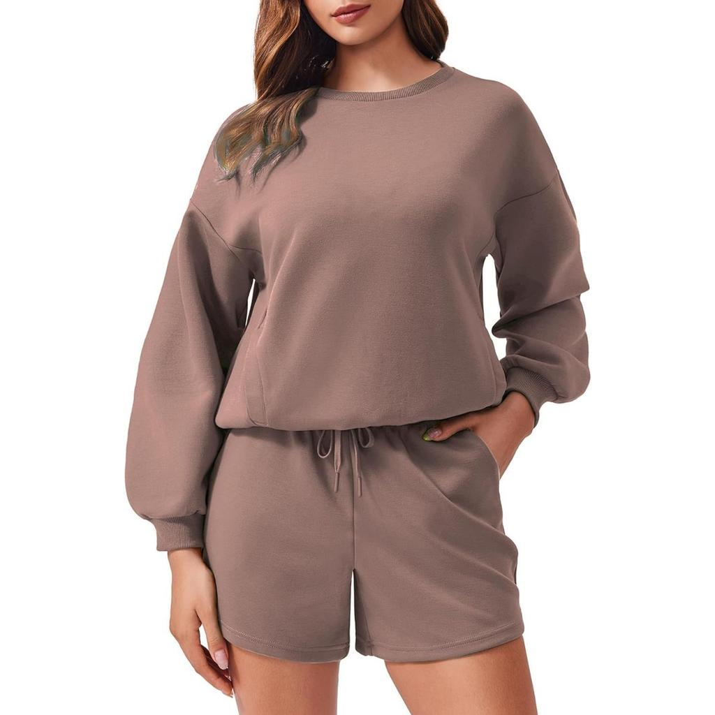 Women's Loose Tracksuit Long Sleeve Sweatshirt Elastic Waist Shorts Casual Loungewear Set