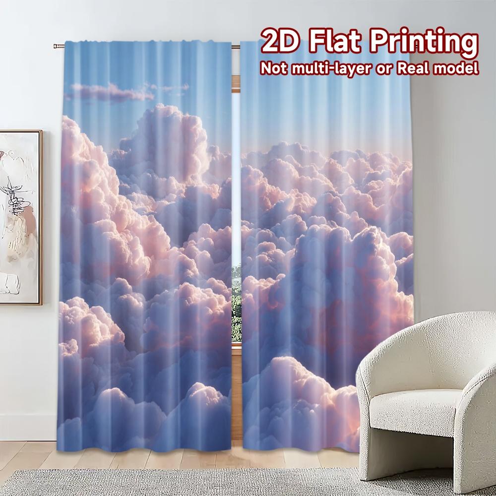 2pcs, 2D FLAT PRINTING Curtains (Without Rod) Cloudscape Harmony Popular Window Curtain Versatile Polyester Fabric Curtains