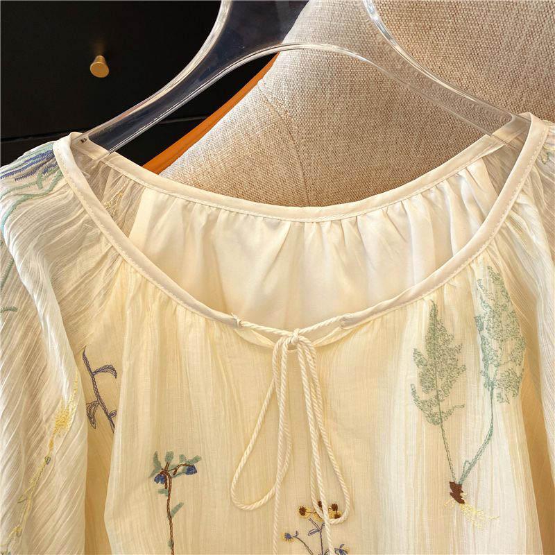 Short-sleeved Shirt Women Summer Loose Thin Flowers Printed Round Neck Tie Blouse Top