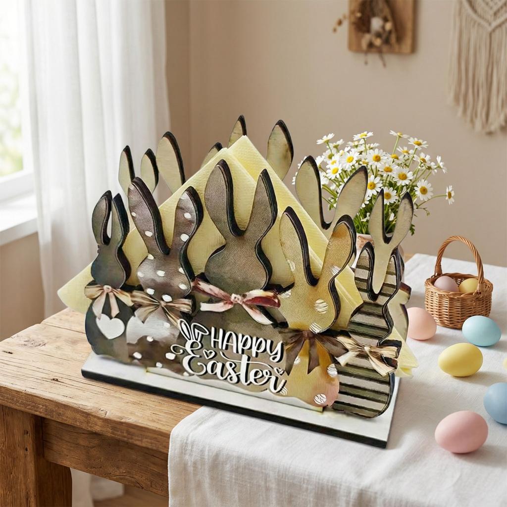 Houten decoratieve plaquette met paashaasje als servettenhouder. Decoratief item.