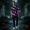 Men's Short Sleeve V-Neck Scrub Top with Chest Pocket Halloween Print