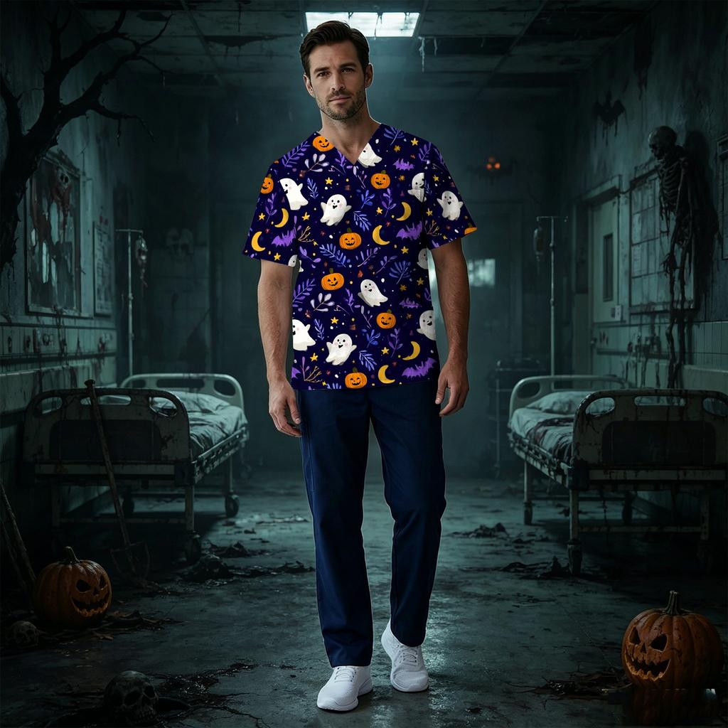 Men's Short Sleeve V-Neck Scrub Top with Chest Pocket Halloween Print