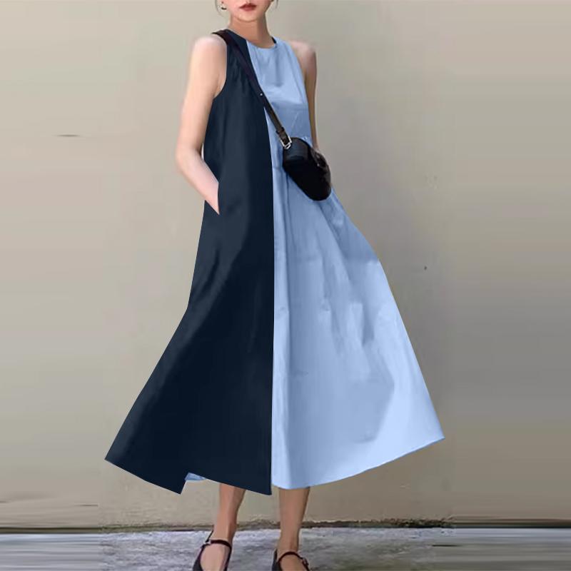 

ZANZEA Женское повседневное лоскутное летнее платье без рукавов с круглым вырезом 4XL темно-синий