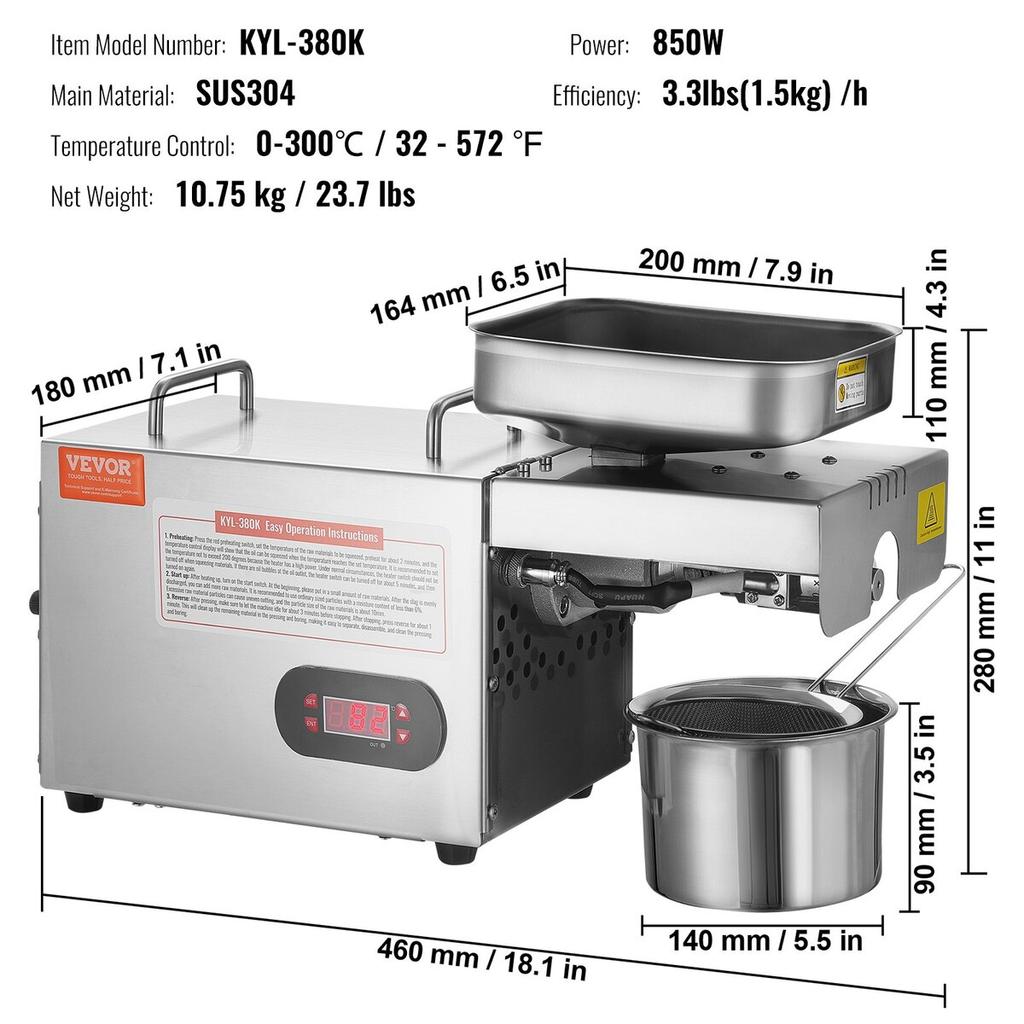 Electric Oil Press Machine, 850W Stainless Steel Oil Extractor Machine, 0-300℃ / 32 - 572 ℉ Adjustable Temperature, Hot Press Oil Expeller for
