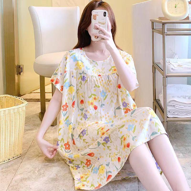 Women's Short Sleeve Women's Cotton Silk Nightgown Printed Summer Nightdress Home Clothes