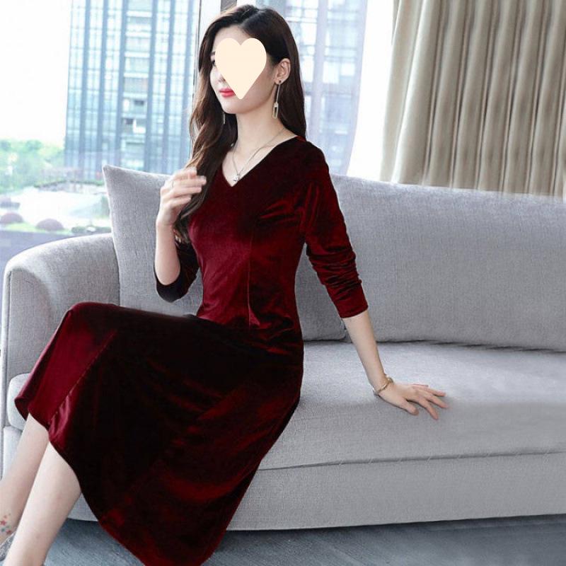 

2025 Women s Plus Size Mid-Length Gold Velvet Dress: Spring/Autumn Loose Fit for Middle-Aged & Elderly L вина червоного кольору