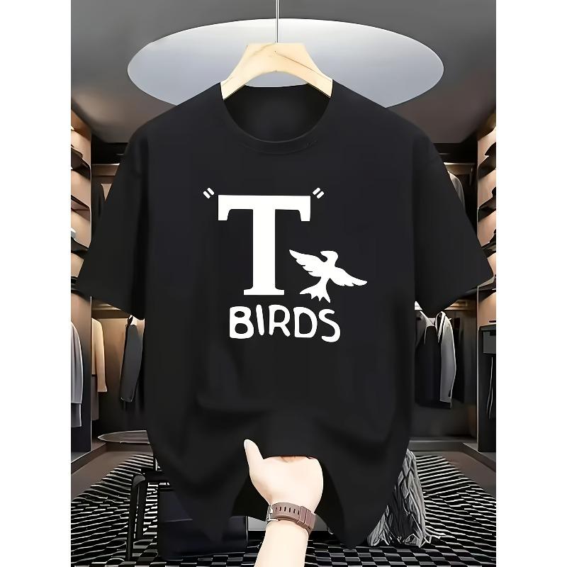 

European sizes Vintage-style Crew Neck Short-sleeve T-shirt Featuring a Large Black Letter T with a Flying Bird Silhouette and BIRDS Text Print S чёрный