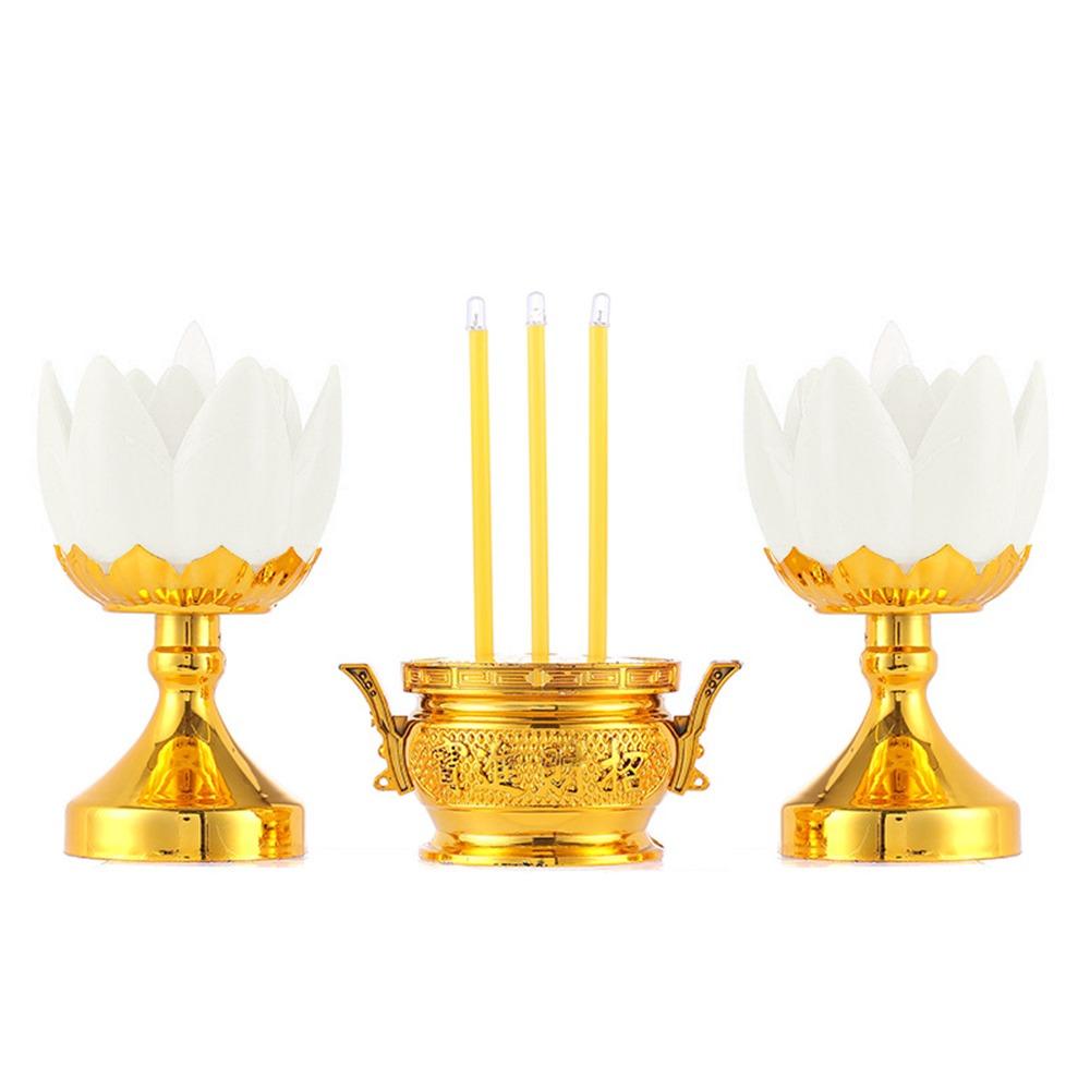 Plastic Lotus Candle Set Gold White Electronic Candlestick Set  Desktop Ornament