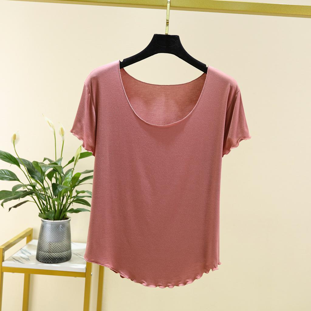 Women's U Neck Short Sleeve T-Shirt Loose Fit Modal Fabric Ruffle Hem Solid Color 2026 Summer Casual Basic Layering Top