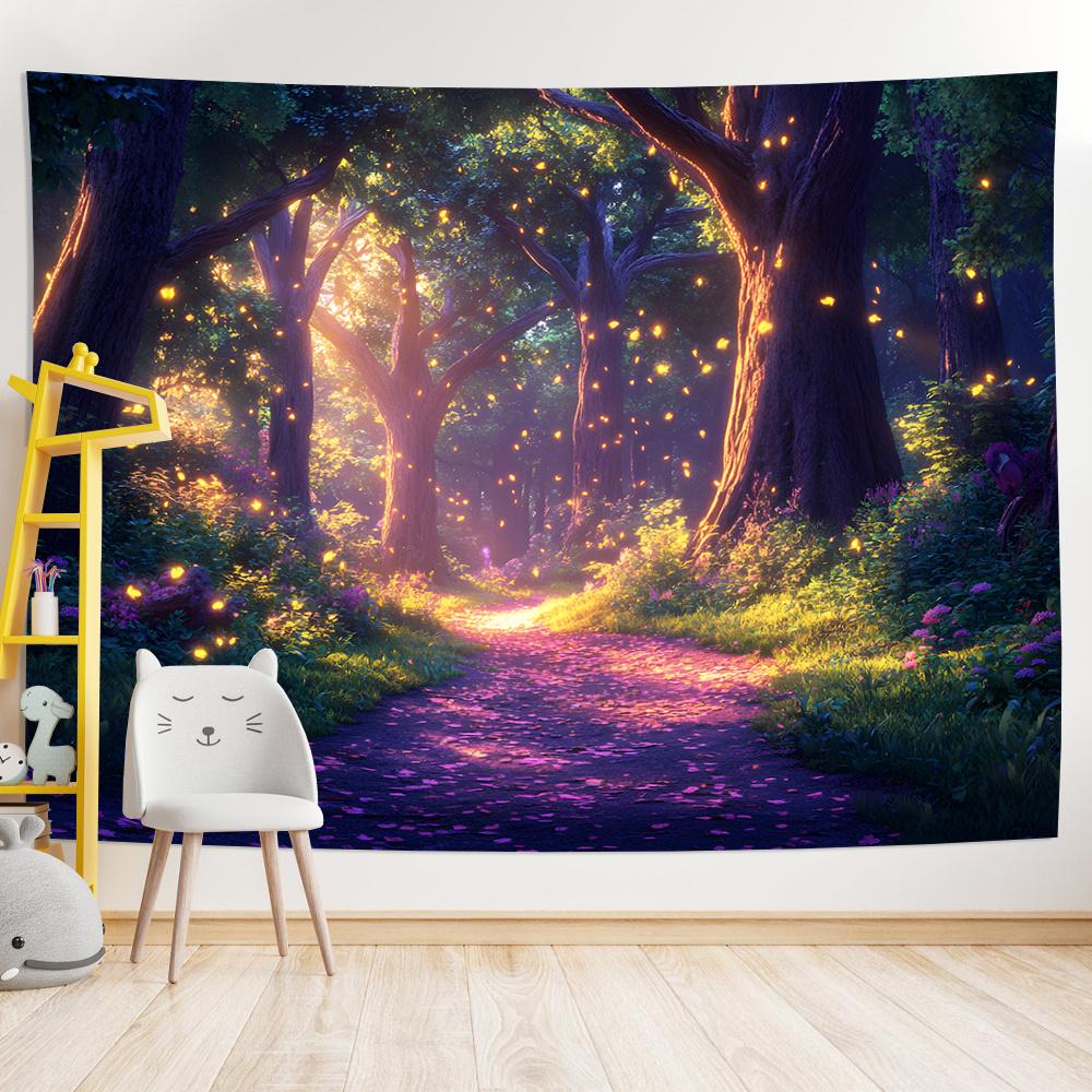 Enchanted Forest Path Tapestry, Magical Glowing Fireflies and Purple Flowers Art Wall Hanging for Bedroom Living Room Decor