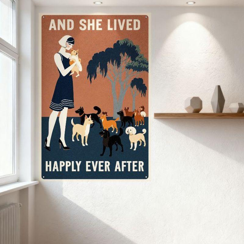 Vintage Und Sie Lebte Glücklich Bis An Ihr Lebensende Metallschild, Art Deco Stil Frau & Hunde Blechposter für Bar Heim Wanddekoration, Retro Metall