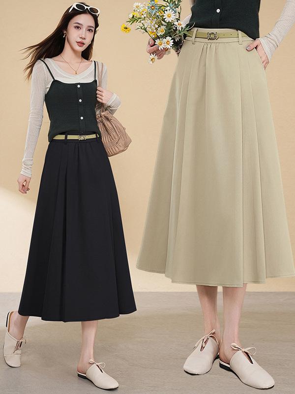 Women's Tencel Wool A-line Midi Skirt, High Waist, Hip-Covering, Pleated, Spring/Autumn 2025