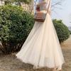 Elegantes Vintage Ballkleid mit hoher Taille Qooth Elastische Taille 3 Lagen Mesh Langer Tüllrock Frühling Herbst Gazetutu-Rock QT2001