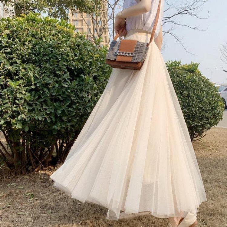 Elegantes Vintage Ballkleid mit hoher Taille Qooth Elastische Taille 3 Lagen Mesh Langer Tüllrock Frühling Herbst Gazetutu-Rock QT2001