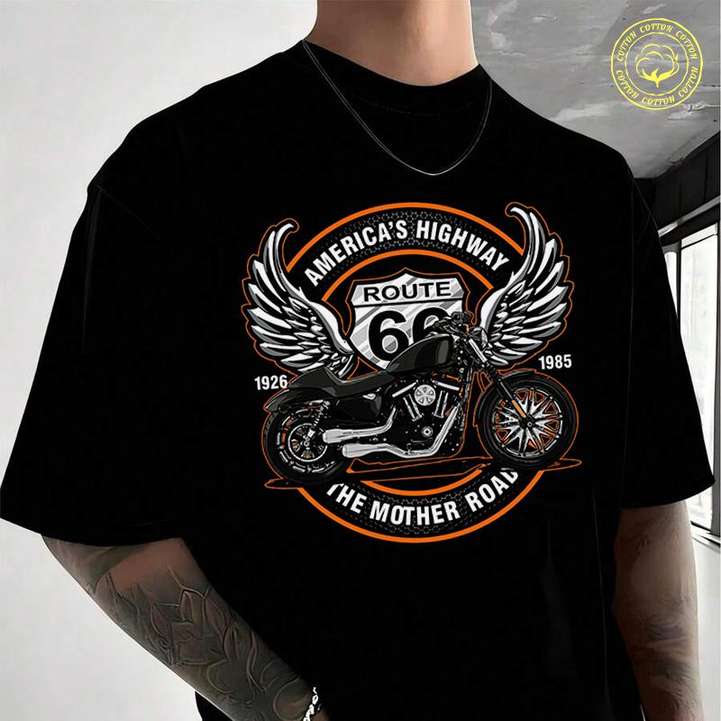 Motorcycls Route 66 Design Men's Cotton T-Shirt Moto Casual O-neck Short Sleeve Summer Streetwe
