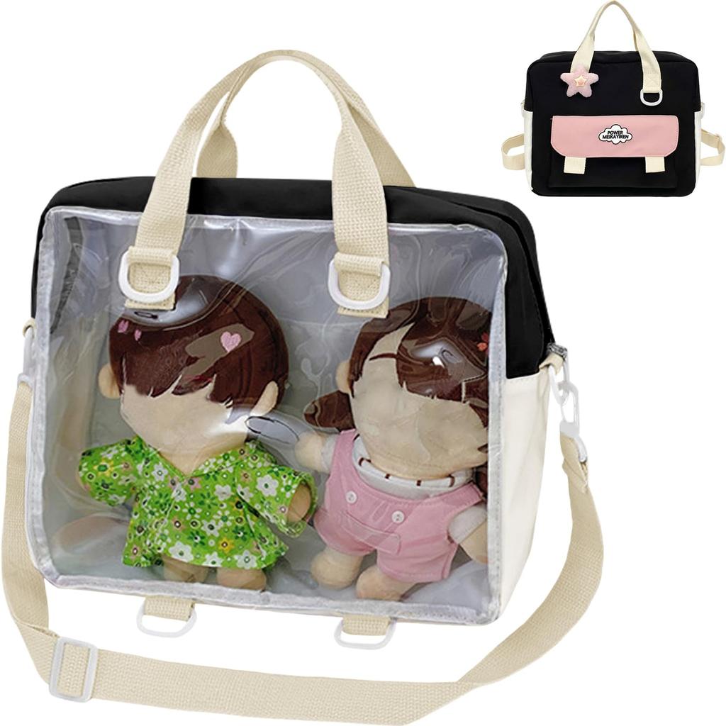 [YUYAKESHI] Ita-Bag Show Bag, Transparent One-Sided Shoulder Bag for 20-25cm Plush Toys, Large Capacity, Star Decoration, 3-Way (Black)