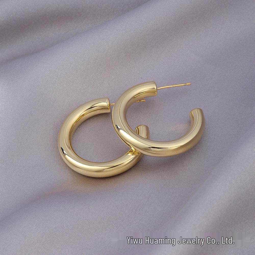 Retro Hong Kong Style Gold Plated Hoop Earrings - Versatile Cross-Border Fashion Studs