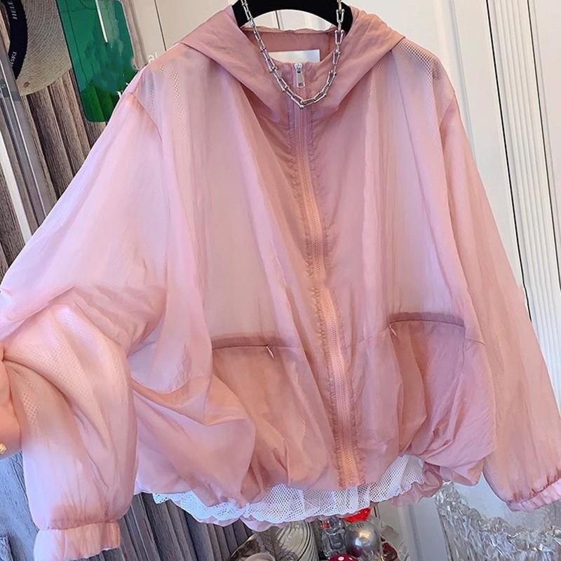 Women Loose Plus Size Suncreen Hooded Clothes Lightweight Fresh Trench Coat