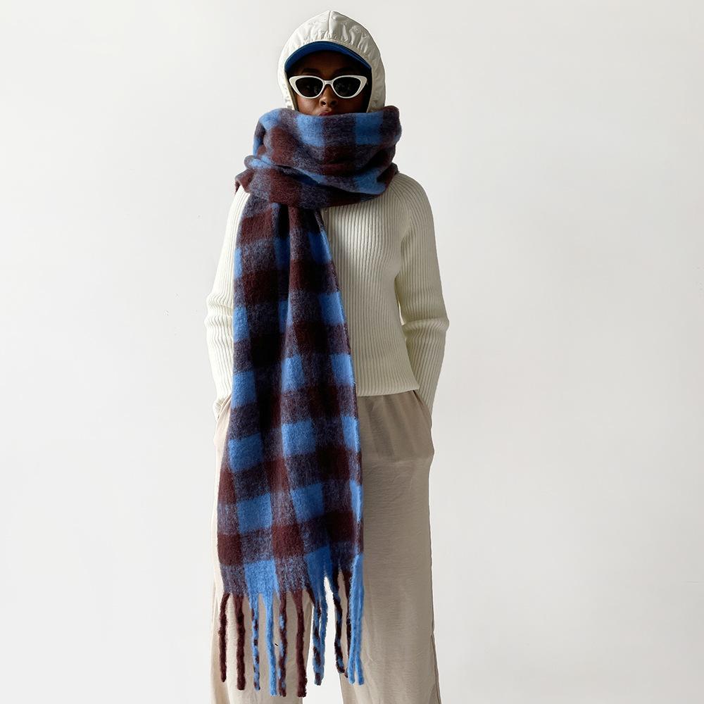 European and American Fashion Winter Mohair Lengthened 111cm Scarf Warm Thickened Windproof Plaid Scarf Plush Shawl