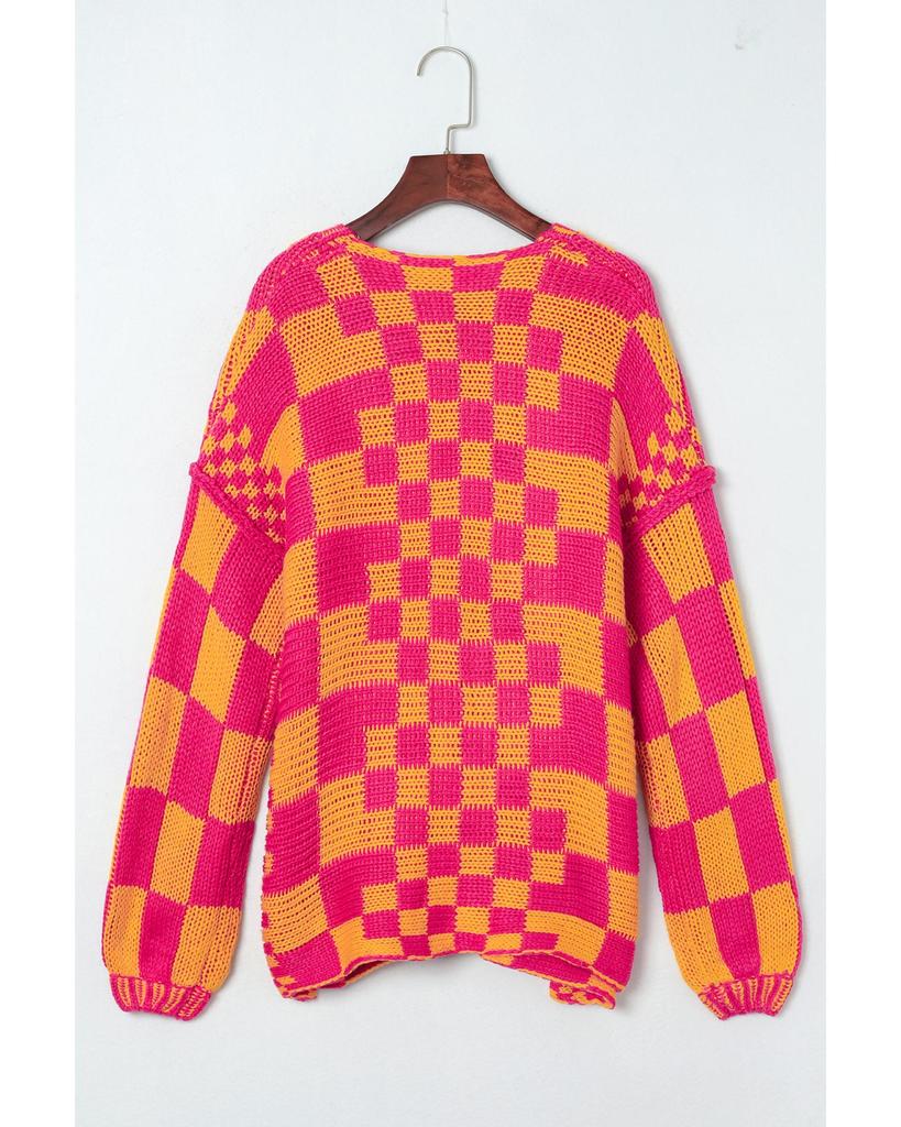 Azura Exchange Open Front Mixed Checkered Pattern Knit Cardigan
