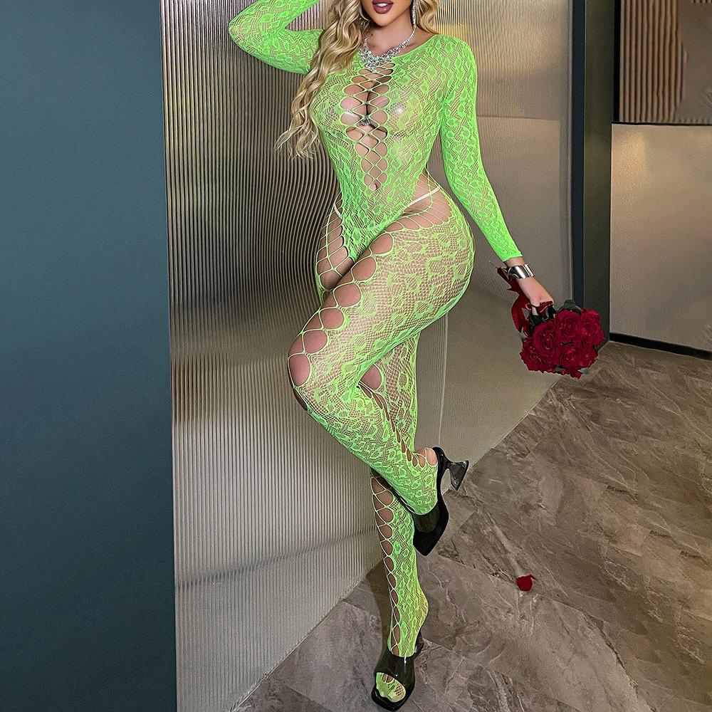 Black silk romantic underwear, long-sleeved perforated net garment, hollowed-out backless tight-fitting jumpsuit