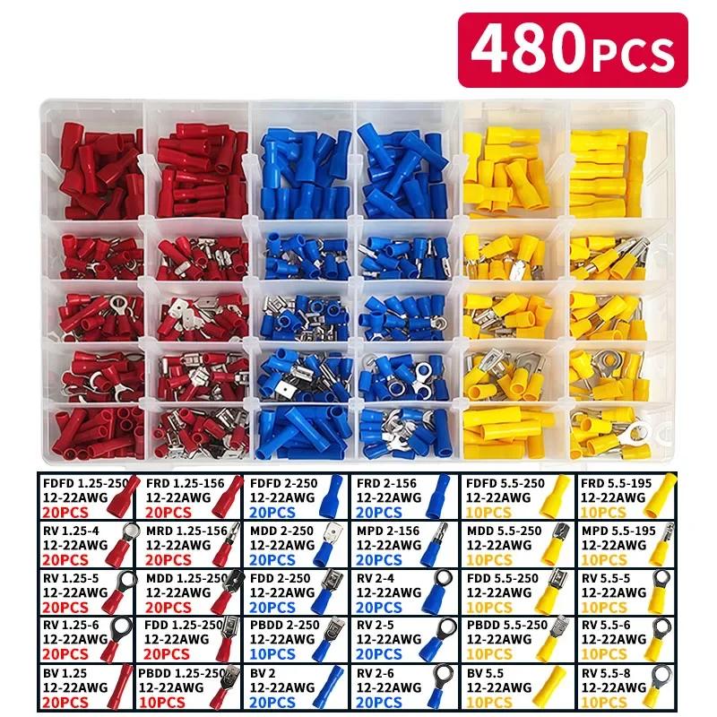 280/480/720/1200pcs Cold Pressed Terminal Kit - Ulated Quick Connect Spade/Ring/Fork Crimp Connectors for Automotive Wiring