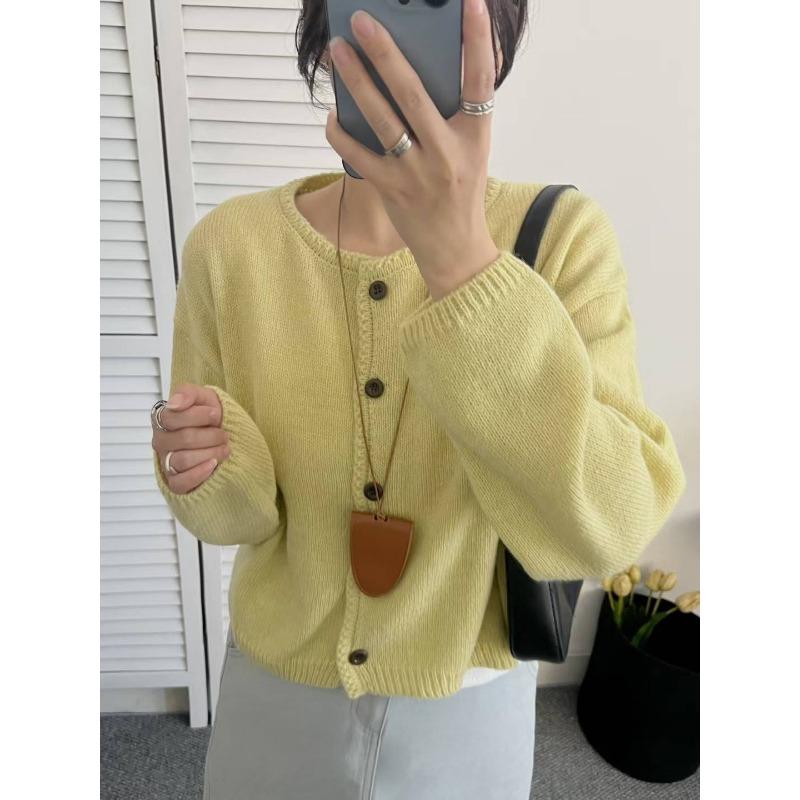 

Женский осенний новый мягкий ворсистый ленивый вязаный свитер-кардиган с круглым вырезом однотонного цвета one size fits all жёлтый