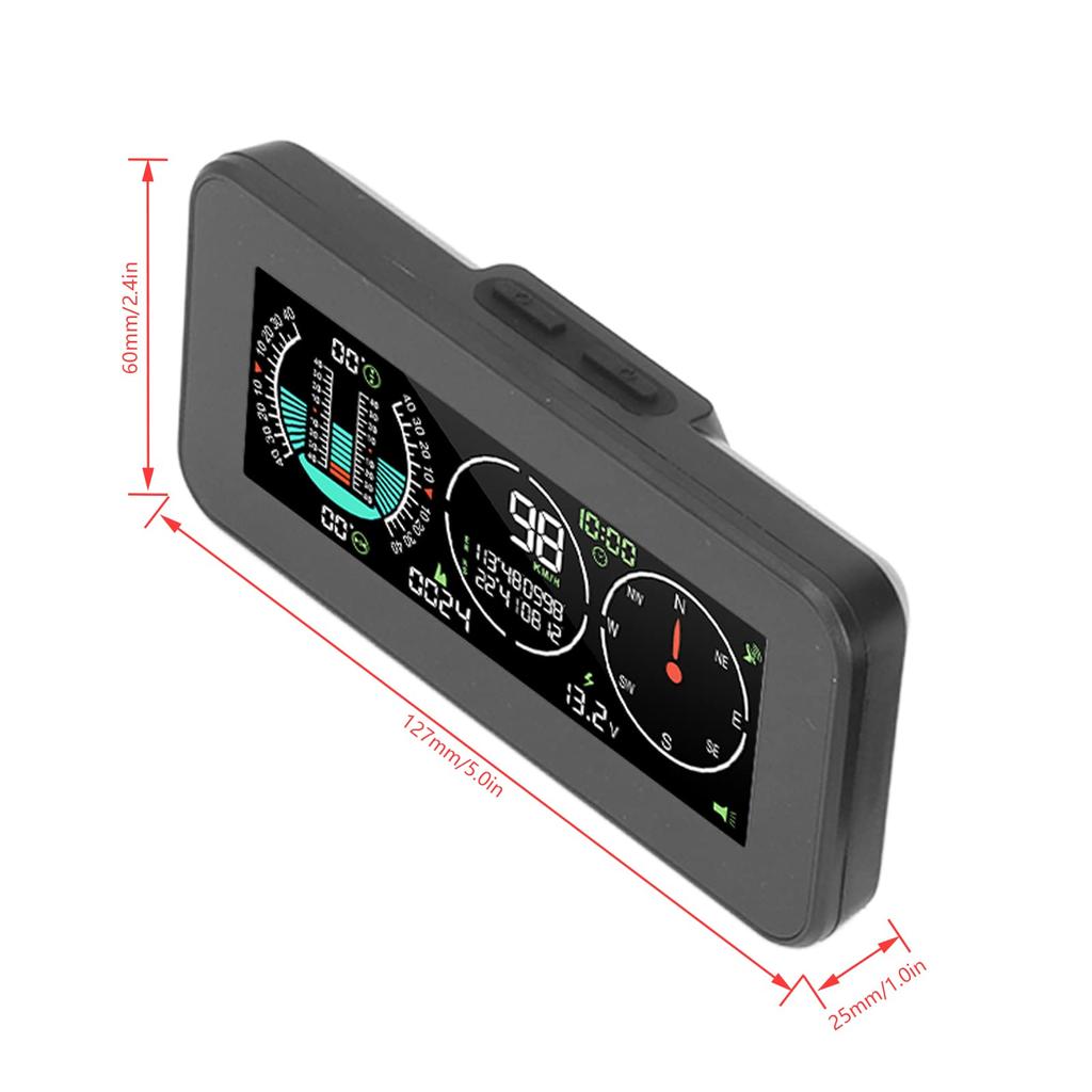 Off-Road Motorcycle Ramp Meter, Vehicle Incline/Pitch Angle GPS Speed Gradient HUD Display Color Digital