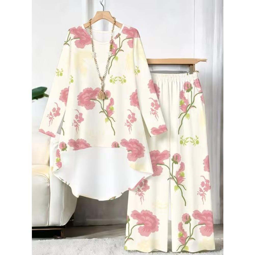Stripe Print Two Piece Outfit Women Long Sleeve Irregular Hem Tunic Top Wide Leg Pants Casual Matching Set