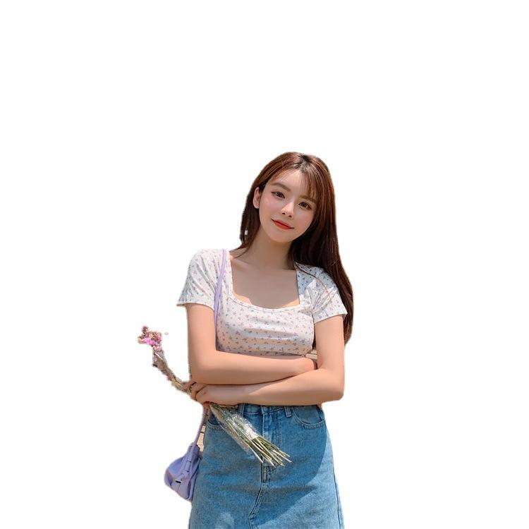 Short floral square collar T-shirt women's summer new Korean version slim and thin ins trendy versatile short-sleeved top
