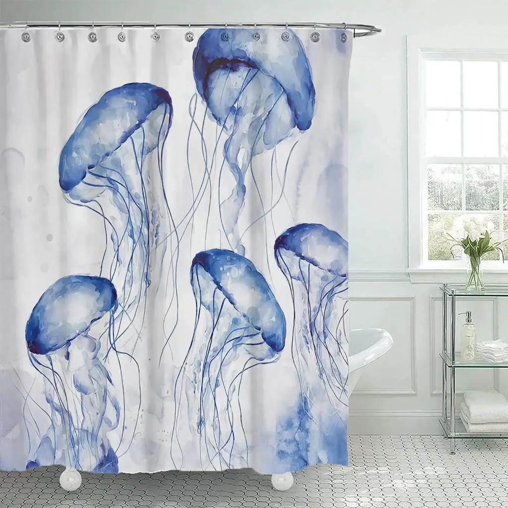 Manet Duschdraperi Blå Magisk Undervattens Havsliv Duschdraperier Roliga Akvatiska Badrumsdraperier Badskärm, Vattentät