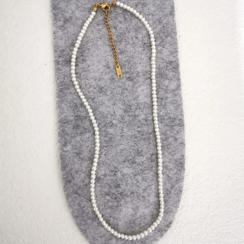 4mm Glass Imitation Pearl Necklace Women Men Base Choker Stainless Steel Clasp Extend 40cm+5cm White Custom