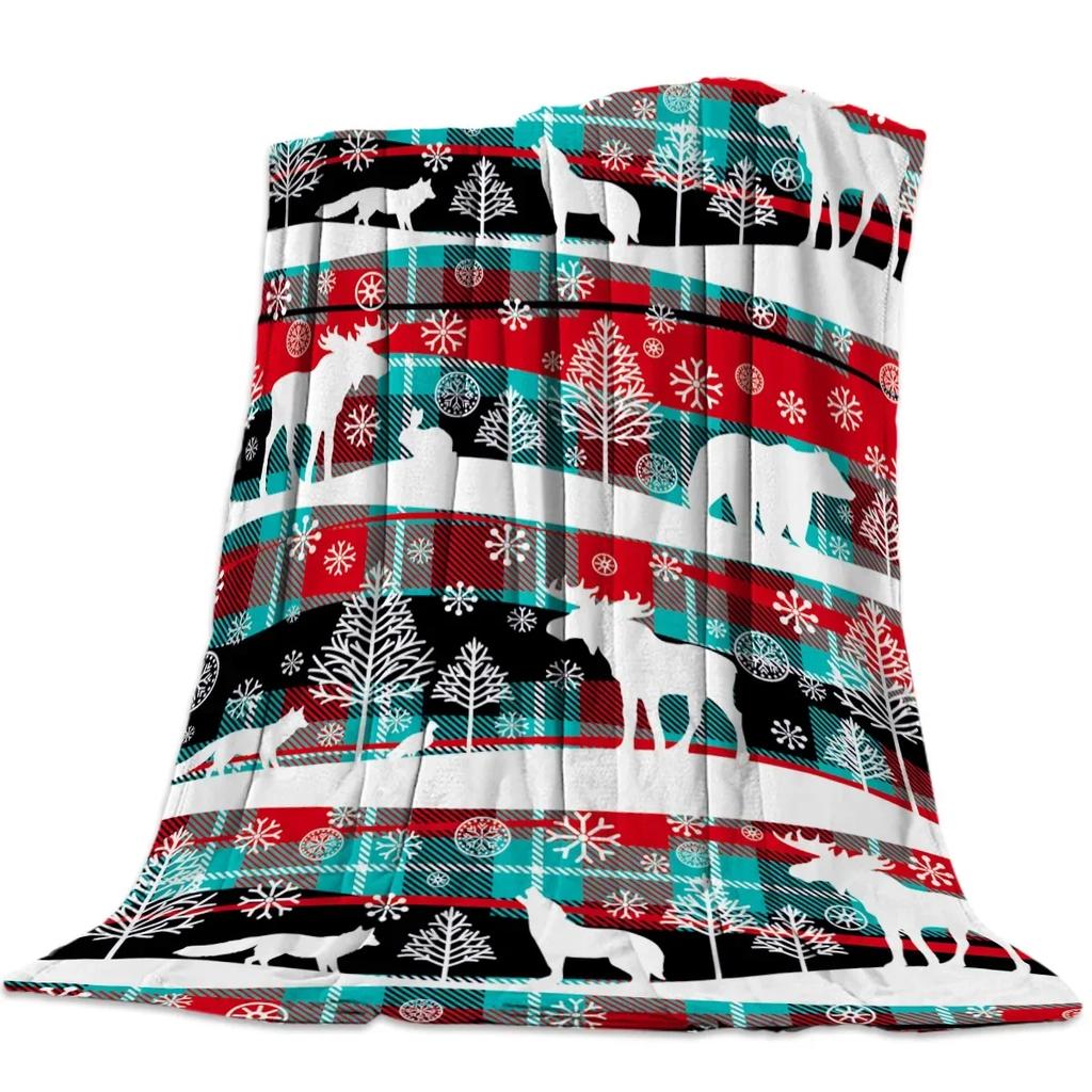 Christmas Winter Animals Checkered Buffalo Blankets Throw Cover Fleece Comfort Warm Room Couch Home Bedspread Blanket