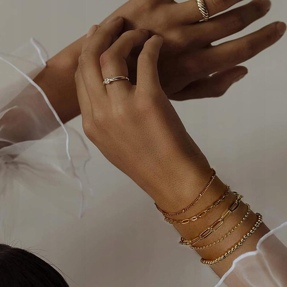 Women's Set of 5 Gold Chain Bracelets Thin Surgical Steel