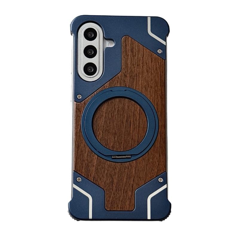 Walnut Wood Metal Borderless Armor Phone Case For Samsung Galaxy A57/A56 360 Rotating Magnetic Bracket Shockproof Cover