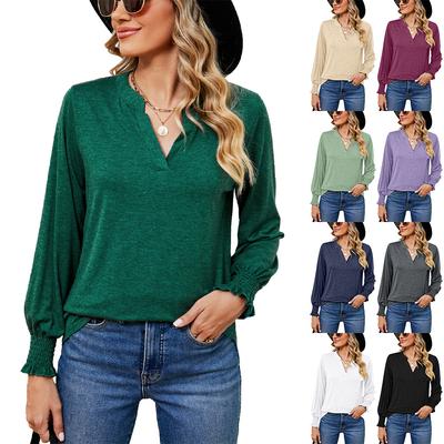 2024 European And American Autumn/Winter New Solid Color V-Neck Loose Long Sleeve Casual T-Shirt Top For Women